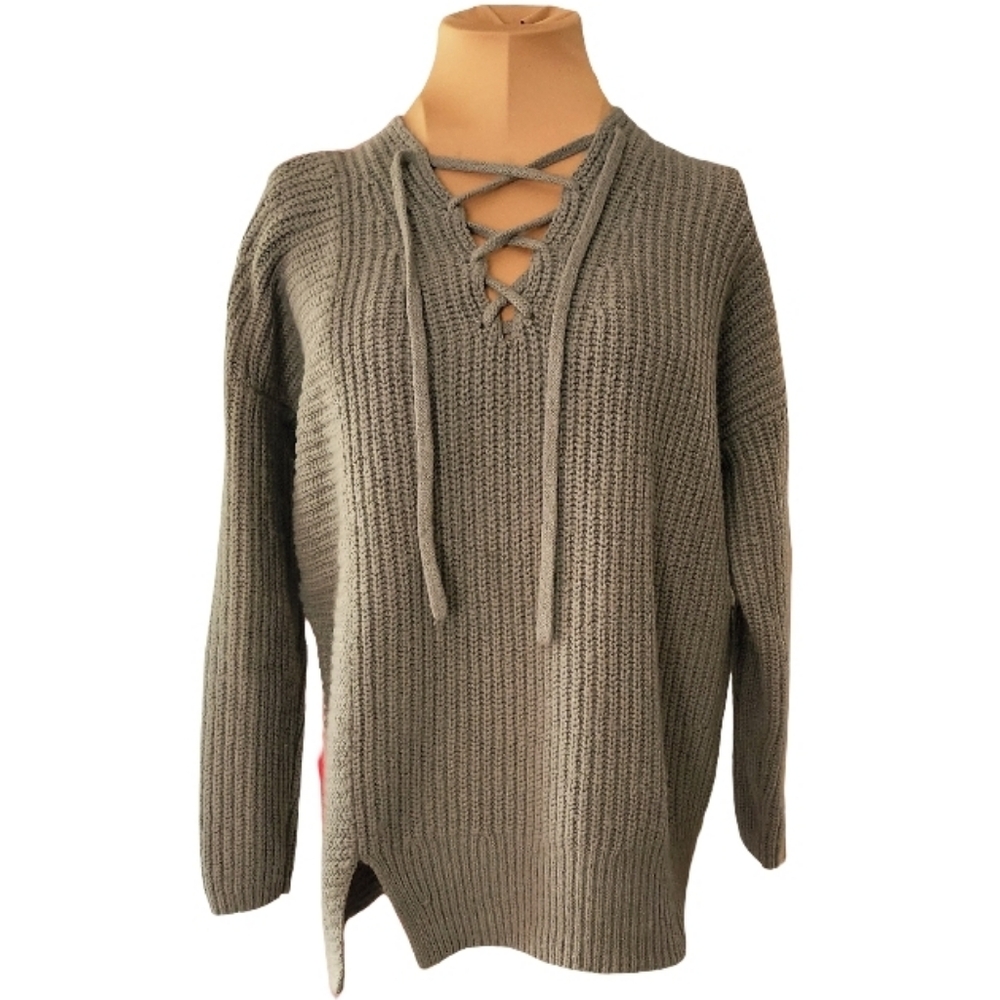 Margaret O'Leary‎ Wool Blend Lace-Up Ribbed Tunic Sweater Olive XS Oversize
